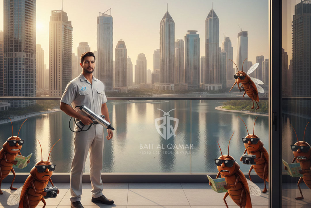 Bait Al Qamar technician providing professional pest control services in Jumeirah Lake Towers with a backdrop of the JLT skyline.
